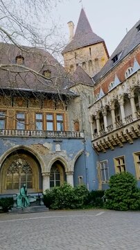Vajdahunyad Castle and Museum of Hungarian Agriculture in Budapest, historic architecture and famous tourist attraction in Hungary. 4K video footage
