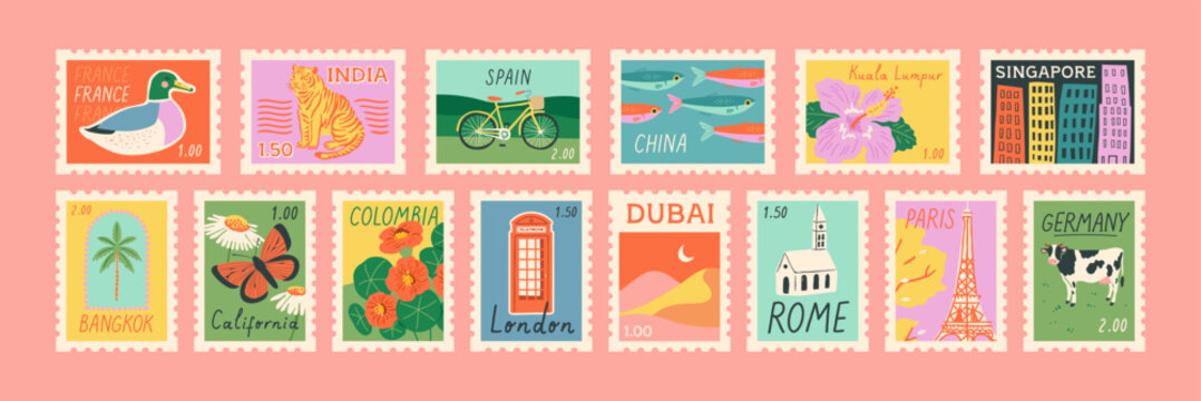 Set of vintage world travel post card stamp illustration. Retro style international country landscape postage sticker collection, famous landmark mail postmark, tourism city view postal label.