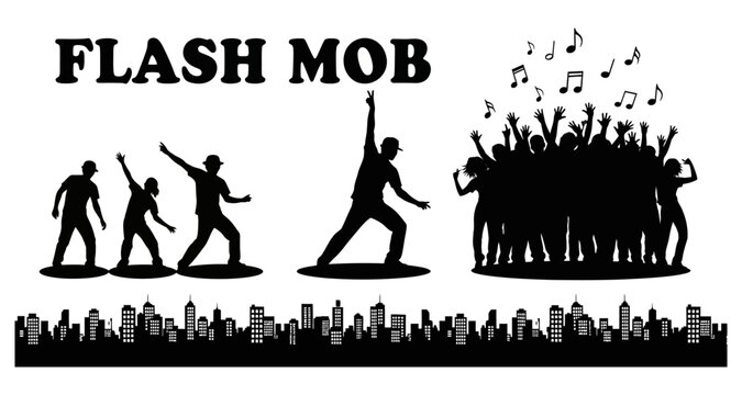 People dancing in a flash mob event against a city skyline vector silhouette