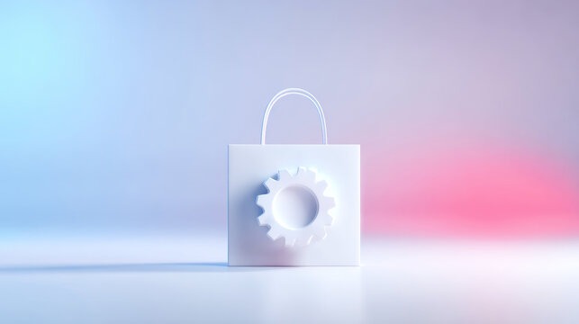White shopping bag showing gear icon, representing shopping settings, customization, and e commerce optimization
