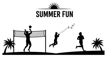Naklejka premium Summer beach activities with volleyball kite flying and running silhouettes during sunny day vector