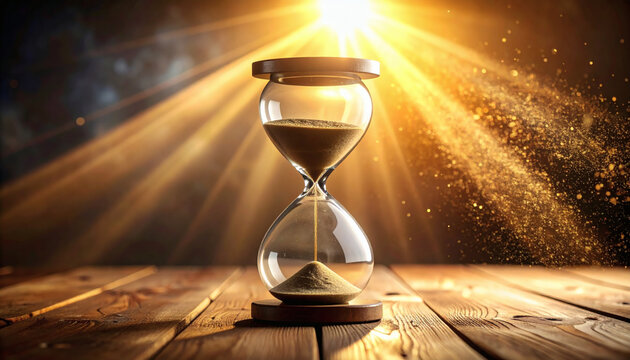 An hourglass on a wooden table, with golden light rays shining down and illuminating sand particles floating in the air. The scene evokes a sense of timelessness and reflection