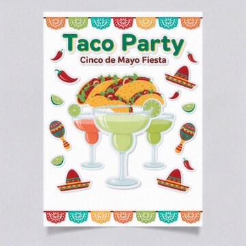 A vibrant Taco Party Cinco de Mayo Fiesta poster with colorful illustrations of tacos and drinks