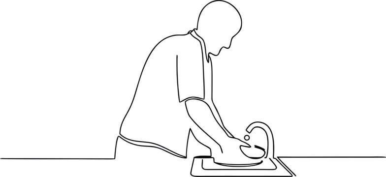 Continuous line drawing of man washing dishes in kitchen sink for household chores routine.