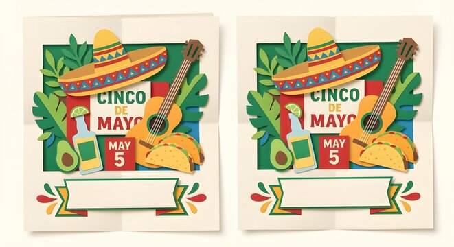 Two colorful Cinco de Mayo posters with sombreros and guitars on a white background
