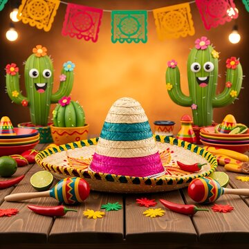 A vibrant Mexican fiesta setting with sombrero and cacti decorations