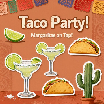 A colorful taco party advertisement with margaritas on tap and festive decorations