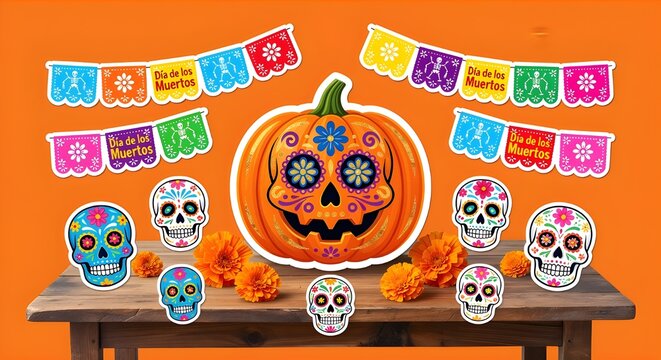 A festive Day of the Dead display on a wooden table with colorful decorations