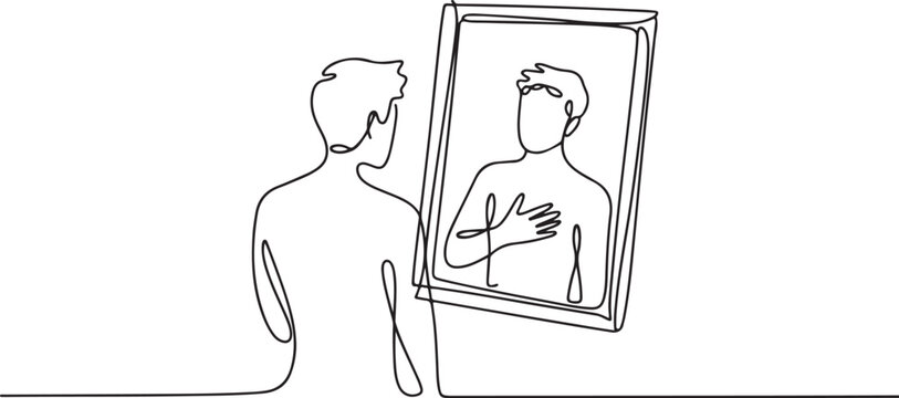 Minimalist one line drawing of man looking at himself in mirror. Reflection shows man with hand on chest.one line Art icon drawing vector