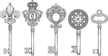 Five Ornate Vintage Skeleton Keys Collection with Fleur de Lis Crown and Star Compass Decorative Antique Medieval Design Set © kolpona
