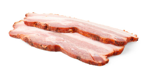 Obraz premium Pieces of smoked bacon isolated on white