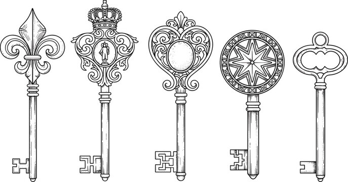 Five Ornate Vintage Skeleton Keys Collection with Fleur de Lis Crown and Star Compass Decorative Antique Medieval Design Set