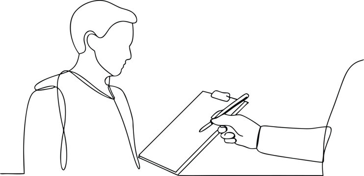 Doctor holding clipboard taking notes from patient in continuous line art illustration set.