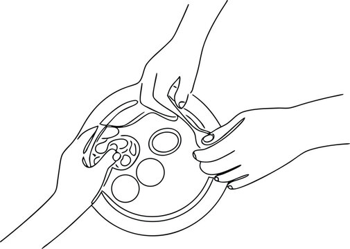 Hands sharing food in close up line art sketch.