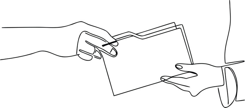 Hands passing documents or files continuous line drawing isolated on transparent background.