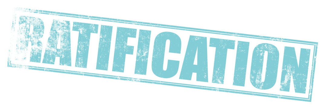 Rubber stamp ratification in blue ink on white background with distressed texture for official documents on Transparent Background