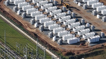 Aerial view of a large-scale battery storage construction site in Germany, highlighting the expansion of energy storage infrastructure as part of the renewable energy transition.  © Maik