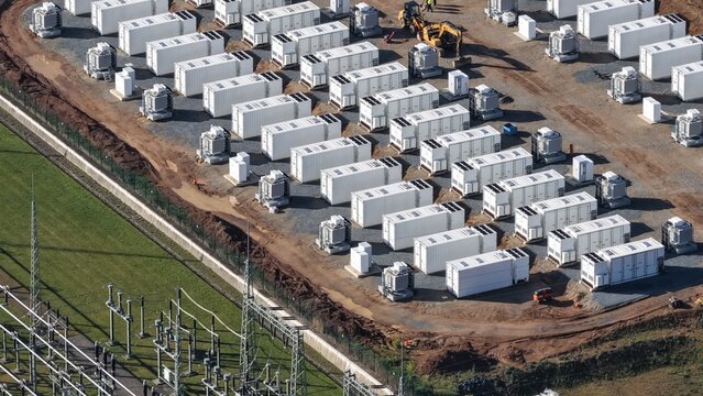 Aerial view of a large-scale battery storage construction site in Germany, highlighting the expansion of energy storage infrastructure as part of the renewable energy transition. 
