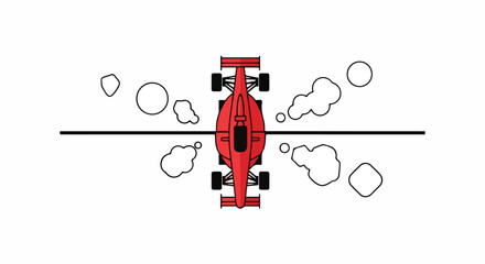 Fototapeta premium Top-down view of a vibrant red Formula 1 race car speeding on a track, surrounded by dynamic smoke effects, illustrating high-speed motorsport action and competition.