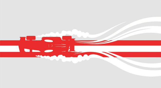 High-speed red formula racing car silhouette in a dynamic vector illustration, leaving abstract white motion trails and smoke on a light grey background.