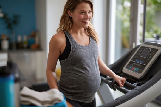 Pregnant woman slowly walking on treadmill adapted for prenatal exercise with soft smile