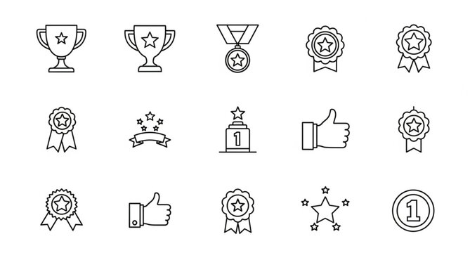 Winning and success outline icon set with trophy crown and thumbs up editable stroke