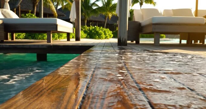 Tropical Swimming Pool Water Splashing Over Wooden Decking At Resort