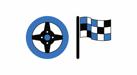 Fototapeta premium Racing steering wheel and checkered flag icon on a white background, symbolizing speed, competition, and victory.