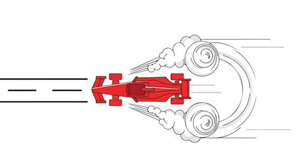 Fototapeta premium Top view of a red Formula 1 race car speeding down a track, creating aerodynamic turbulence and smoke trails.