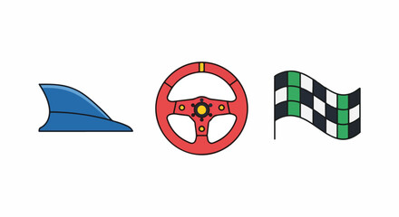 Fototapeta premium Set of icons: shark fin, racing steering wheel, and checkered flag, representing speed, competition, and victory.