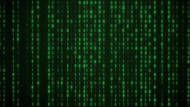 Dynamic Green Binary Code Data Flowing Down Dark Digital Screen