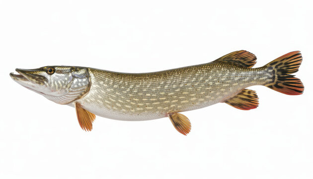 Northern pike fish swimming isolated on a plain white background, for scientific study