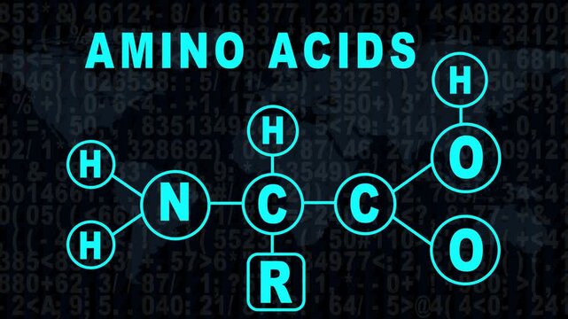 Amino acid chemical structure formula with digital data 4k background, for science and education