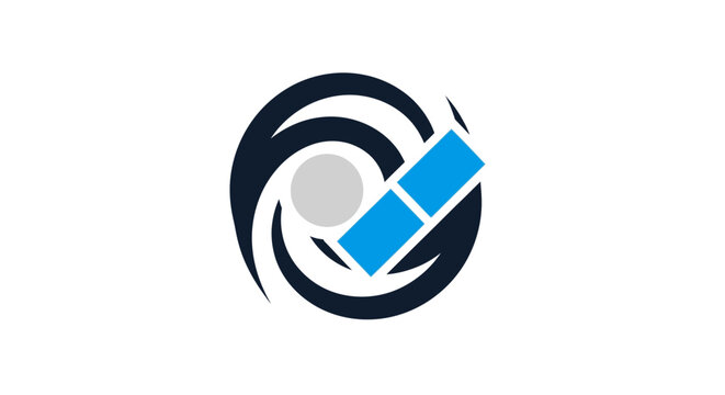 Abstract corporate logo with circular wave and blue rectangle