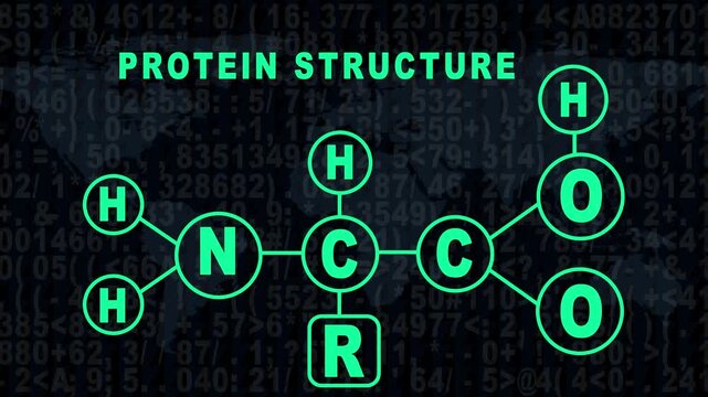Protein structure molecular formula diagram with digital data 4k background, amino acid