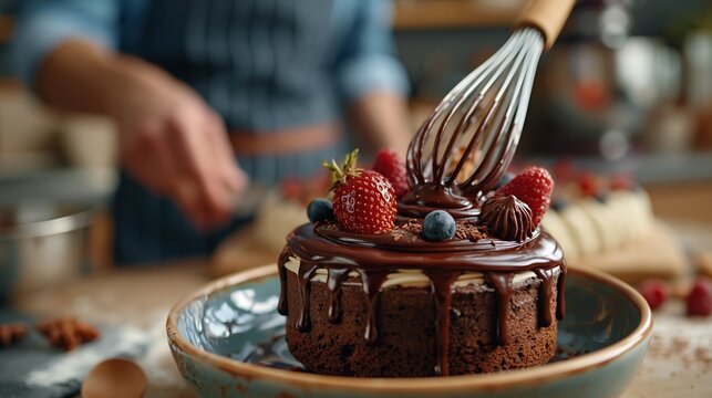 Solo confectionery professional checking ganache temperature near partially decorated handmade cake