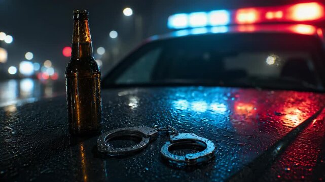 Police lights reflecting on wet road with beer bottle and metal handcuffs in foreground night scene symbolizing crime arrest and law enforcement action dramatic urban atmosphere with tension outside