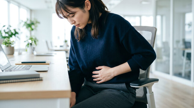 腹痛や生理痛の症状 お腹を押さえて苦しむ女性