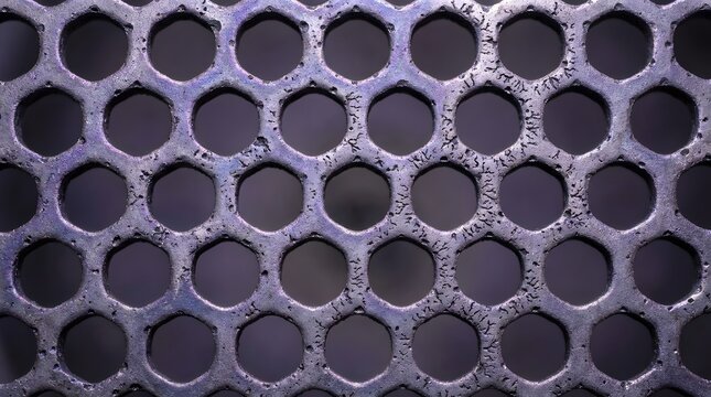 close-up metallic perforated grid texture with hexagonal holes for industrial design and engineering