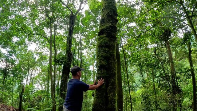 Asian man in black hat hugging a tree in the forest alone. Doing forest bathing.