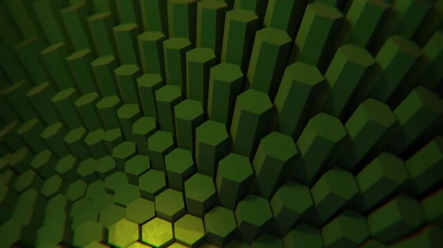 4K Green Hexagonal Prisms Rippling Undulating Field Seamless Loop Abstract Geometric Motion Tech Business