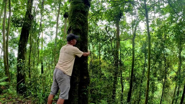 Asian man in black hat hugging a tree in the forest alone. Doing forest bathing.