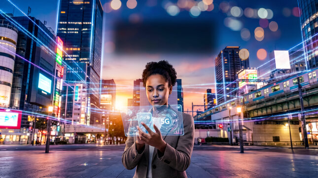 High speed mobile technology and augmented reality display against evening urban street background with neon lights.