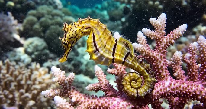 Yellow Seahorse Clinging to Colorful Coral Reef Underwater