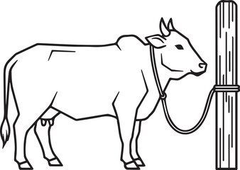 Fototapeta premium Outline Cow Tied to Wooden Post Illustration for Rural Farm Livestock and Agriculture Animal Design