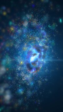 A luminous cosmic explosion of colorful particles and glowing energy swirls through deep black space, creating a mesmerizing abstract galaxy filled with motion, light, mystery, and futuristic celestia