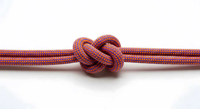 Purple and orange climbing rope knot | Strong mountaineering rope on white background | Safety and security concept with braided cord | Professional rock climbing equipment closeup