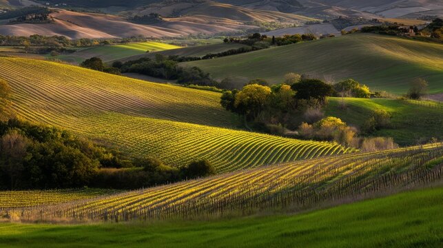 tuscany. Rows of grapevines on an Italian hillside in golden light. travel magazines, destination branding, designed for outdoor magazines and nature guides, used by customer success managers.
