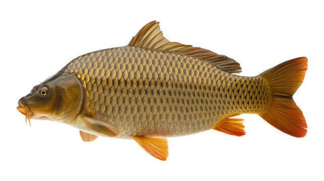 A single common carp fish with golden scales and orange fins isolated on a plain white background