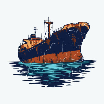 An old, weathered, and dirty ship floats on choppy blue water, showing signs of decay and abandonment